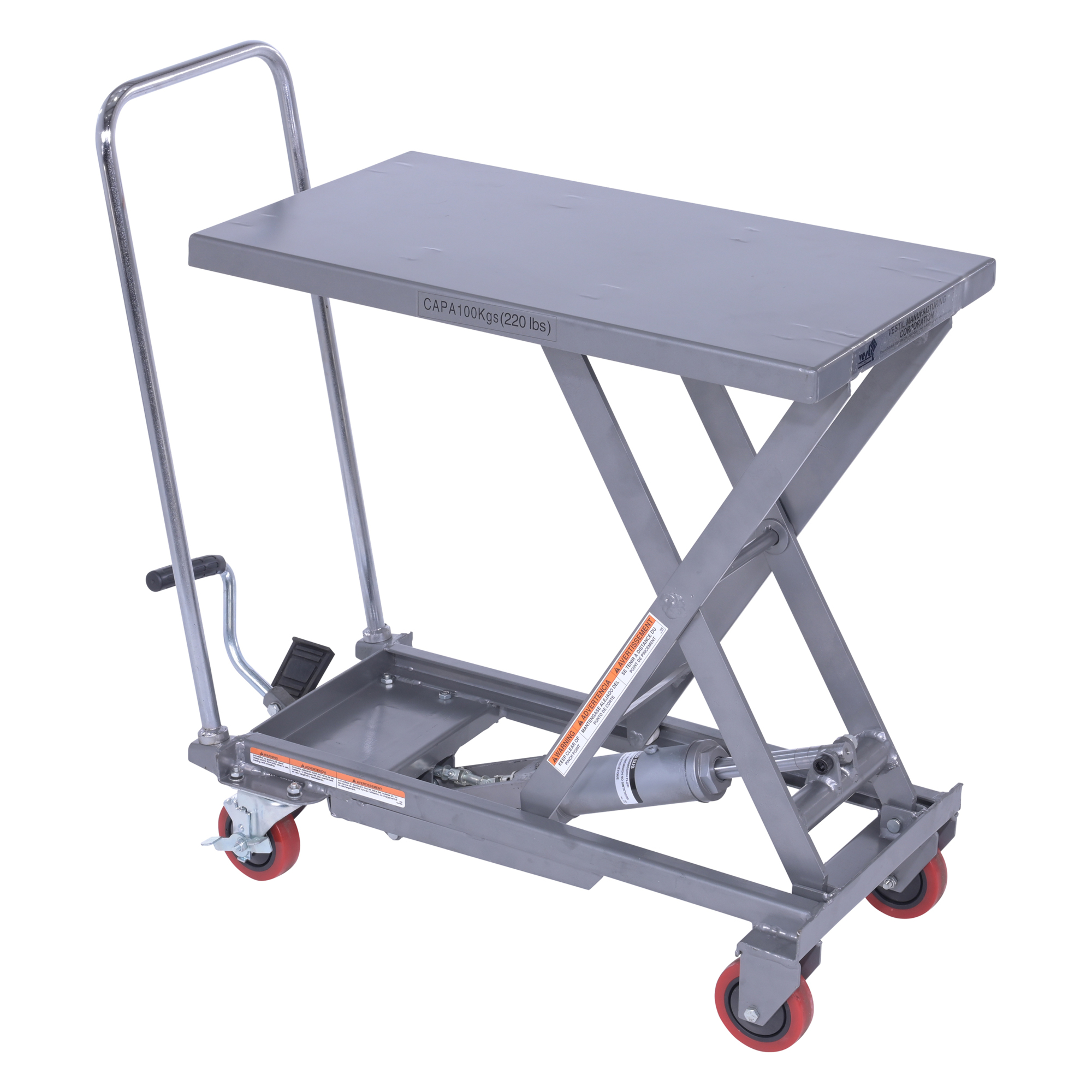 Vestil Aluminum Hydraulic Elevating Single Scissor Cart - 220-Lb. Capacity, 8.5in.-29in. Service Range, Model# CART-200-ALUM